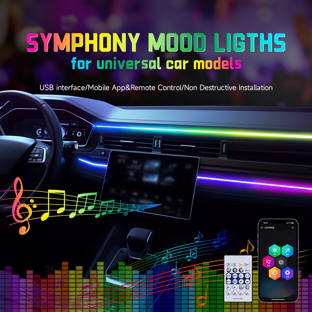 Led Ambient Interior Car Lights App Control - Luz Ambiente LED para Carro com
